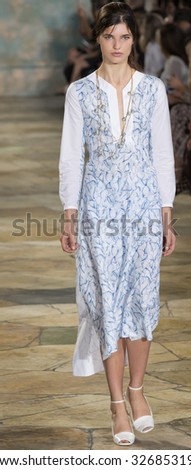New York City, USA - September 15, 2015: Julia van Os walks the runway at the Tory Burch fashion show during the Spring Summer 2016 New York Fashion Week at David H. Koch Theater at Lincoln Center