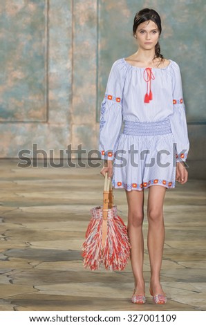 New York City, USA - September 15, 2015: Rachel Finniger walks the runway at the Tory Burch fashion show during the Spring Summer 2016 New York Fashion Week at David H. Koch Theater at Lincoln Center