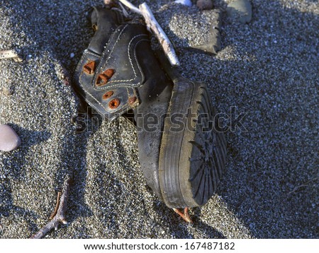 macro old single forgot shoes in the sand on the sea beach
