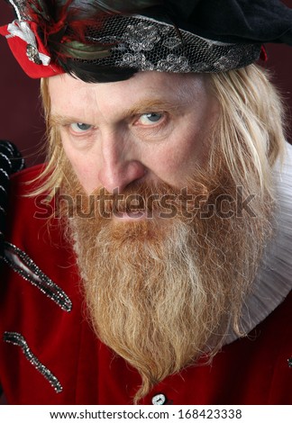 close-up portrait of an adult male with long beard and mustache, wearing a hat and medieval costume