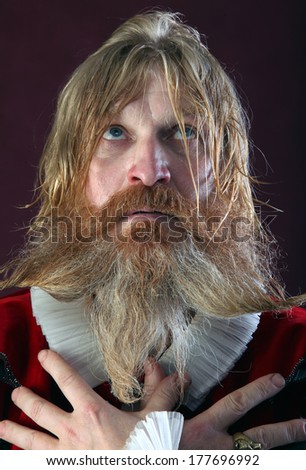 close-up portrait of an adult male with long blonde hair with a beard and mustache crazy kind