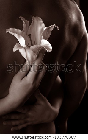 close-up delicate white lily in the hands against the background of naked torso, studio dark background