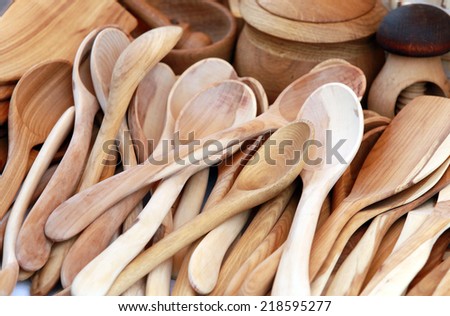 macro handmade wooden utensils - spoons, forks, spatulas