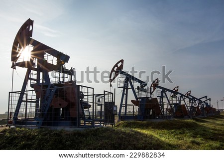 close-up the oil pumps in the meadows on a background of blue sky in the summer