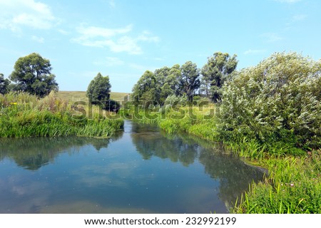 beautiful summer landscape small, tranquil rivers and trees and sky reflected in the mirrored water