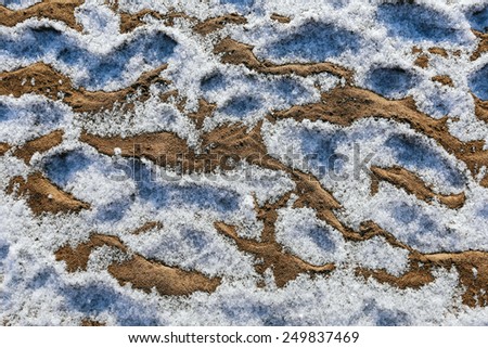 isolated close-up texture of the sand and frost on the river bank at the beginning of winter in a sunny day