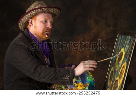 close-up portrait of the adult artist with red beard and mustache in the style of Vincent van Gogh studio on dark background