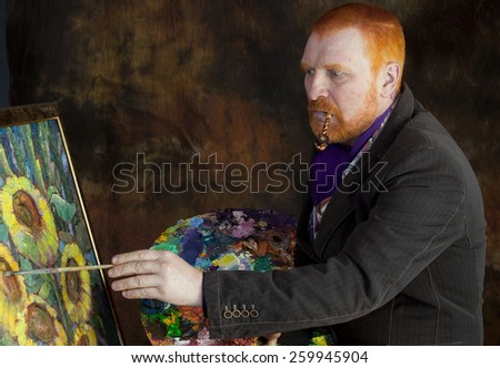 close-up portrait of the adult artist with red beard and mustache in the style of Vincent van Gogh studio on dark background