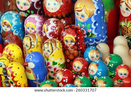 macro set of bright colorful matryoshka at the fair of folk crafts