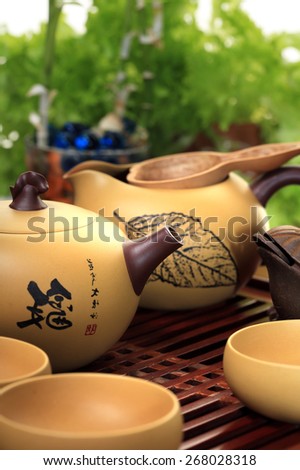 Close-up table for the tea ceremony utensils and bamboo on white background studio