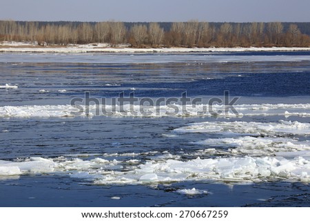 landscape ice drift on the river in the spring on a sunny day