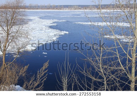 landscape ice drift on the river in the spring on a sunny day