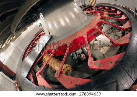 Industrial interior close-up generator stator, hydroelectric turbine hall