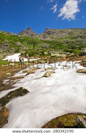 summer landscape of snow and flowers at the foot of mountain Turtle Ergaki Western Sayan on a sunny day