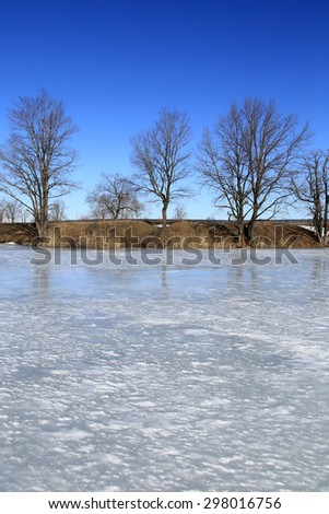 Landscape ice drift on the river in the early spring on a sunny day