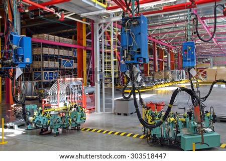 Yelabuga, Russia - 05 may 2008: interior of the new welding shop assembly line car factory Sollers