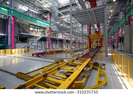 Yelabuga, Russia - 05 may 2008: interior of the new welding shop assembly line car factory Sollers