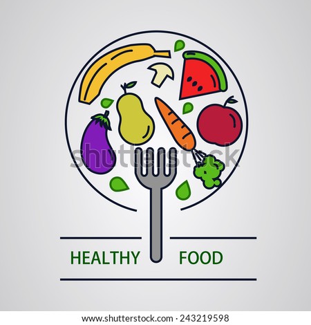 Fork clicking healthy foods. Fruits and vegetables.