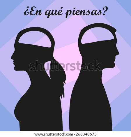 Silhouettes of a man and a woman with hollow empty brain. Background of blue and lilac forming squares. Text in Spanish: \