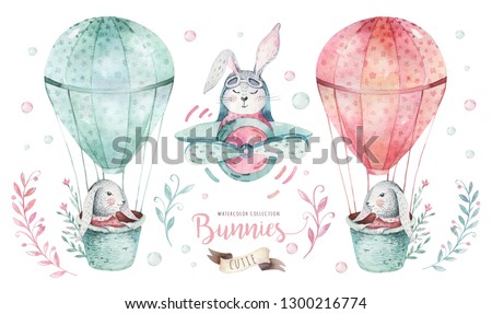 Hand drawn watercolor happy easter set with bunnies design. Rabbit bohemian style, isolated boho illustration on white. Cute baby bunny rabbit illustration for design