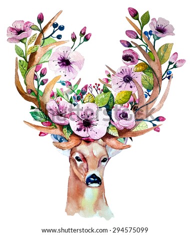 Vector watercolor hand drawn floral set with deer. Colorful floral collection with leaves and flowers, drawing watercolor. Spring or summer design for invitation, wedding or greeting cards