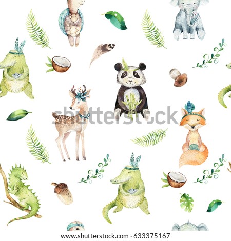 Baby animals nursery isolated seamless pattern. Watercolor boho tropical drawing, child tropical drawing, panda, cute crocodile, tropic elephant, green iguana , fox, deer and turtle illustration