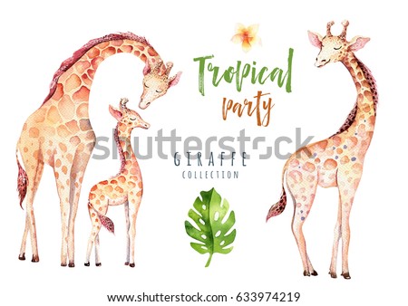 Hand drawn watercolor tropical plants set and giraffe. Exotic palm leaves, jungle tree, brazil tropic botany elements and monkeys. Perfect for fabric design. Aloha collection.