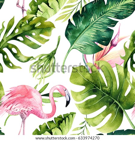 Tropical isolated seamless pattern with flamingo. Watercolor tropic drawing, rose bird and greenery palm tree, tropic green texture, exotic flower. Aloha collection