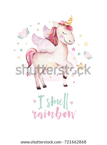 Isolated cute watercolor unicorn kids poster. Nursery unicorns illustration. Princess unicorns drawing. Trendy pink cartoon horse.
