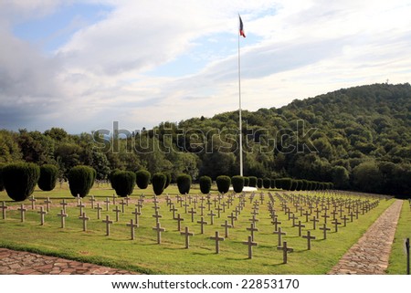Military graveyard of heroes of the First World War - France, Alsace, Vosges. Rows of tombstones.