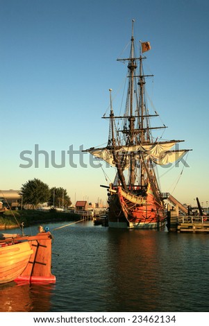 Batavia historic galleon from Netherlands by sunset. Old ship. Lelystad, Flevoland.