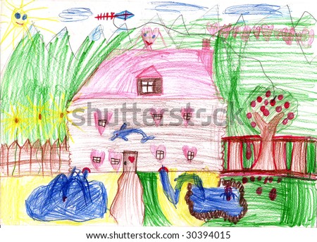 Real draw, home from dreamland.  Children\'s house from dreams. Fairyland, house of the lucky family.