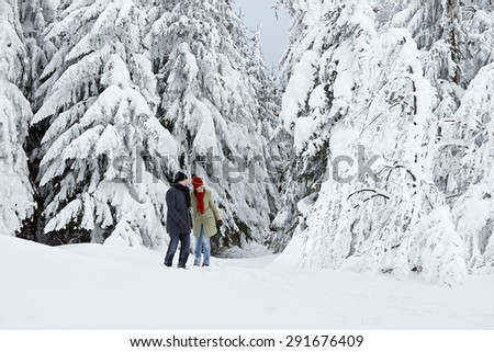 Couple walking in the snow in front of a snowy winter forest