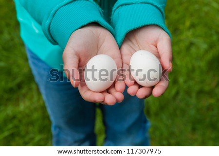 Child hands holding two eggs. This image shows the two hands of a child holding two fresh eggs.