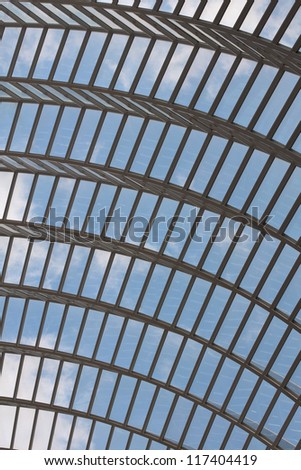Arched glass roof with clouds. Blue sky with clouds seen through an arched glass roof.