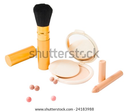 Different types of cosmetics, brush, pressed powder, pencil, bronzing pearls isolated on white