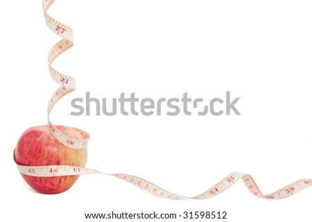 Big ripe red apple with white measure tape around it metaphor of healthy eating and diet