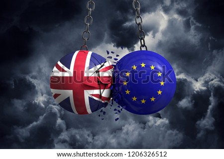 Brexit concept. Union Jack and European union political balls smash into each other. 3D Rendering