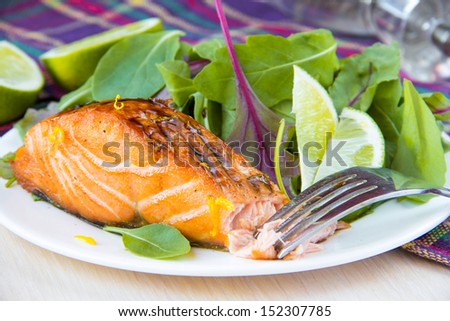 Grilled fillet of red salmon and salad with green leaves of lettuce and spinach, tasty food
