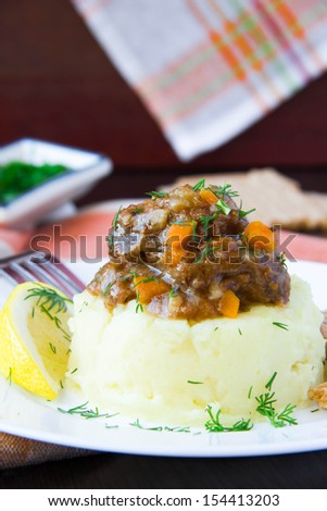Delicious home-cooked dinner, mashed potato with stew of beef meat and gravy, beautiful presentation