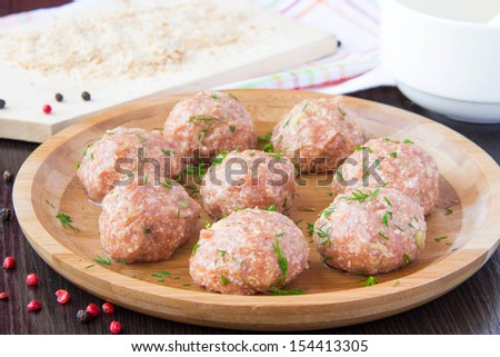 Raw meat balls of minced beef with spices and herbs prepared for roll in breadcrumbs