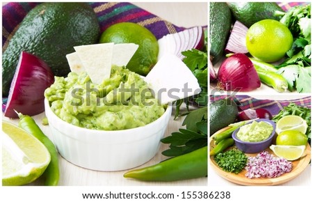 Collage of green Mexican guacamole dip with avocado, lime, parsley and red onions, cooking
