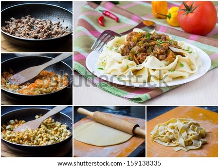 Collage of cooking homemade pasta with meat and vegetable