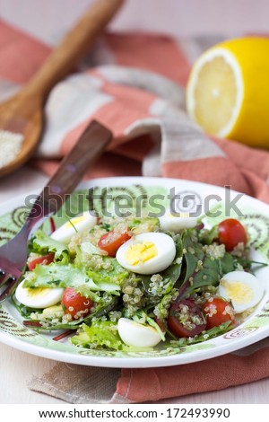 Healthy quinoa salad with tomatoes, avocados, eggs, herbs, lettuce, lemon, diet dish