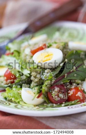 Healthy quinoa salad with tomatoes, avocados, eggs, herbs, lettuce, lemon, diet dish