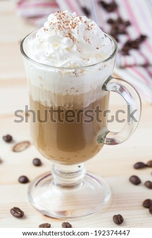 Cold drink, summer coffee with whipped cream, ice, chocolate, tasty