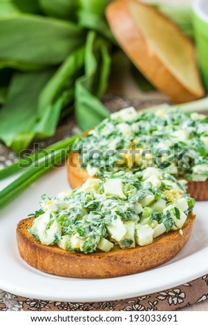Sandwich with salad of eggs, green herb, parsley, ramson, spring onions, sauce, summer lunch
