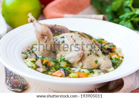 Summer soup with quail, vegetables, pearl barley, herbs, healthy tasty dish