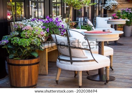 Outdoor patio seating are with nice armchair sofa, potted plants, flower at sunset