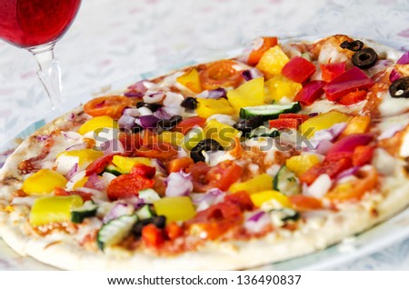 Vegetable Pizza with Red Wine (Focus on the middle part - Shallow depth of field)